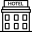 Line art icon of a hotel building with text reading Hotels & Hospitality.
