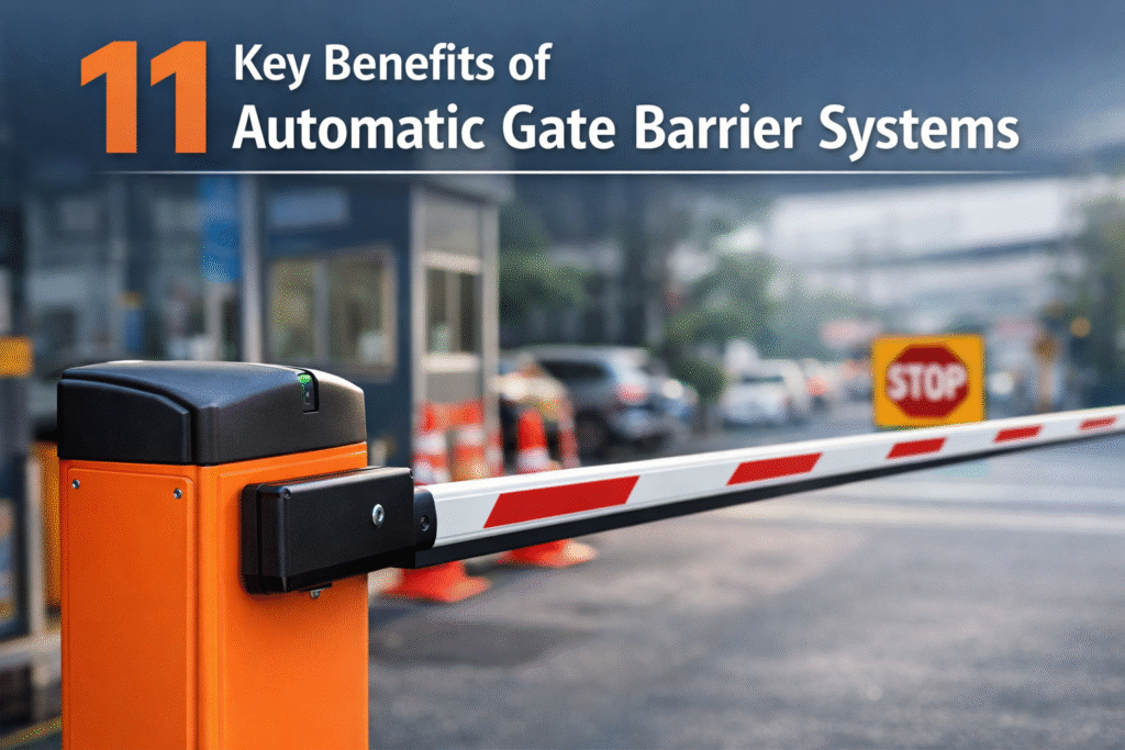 11 key benefits of automatic gate barrier systems shown with modern parking barrier and security checkpoint
