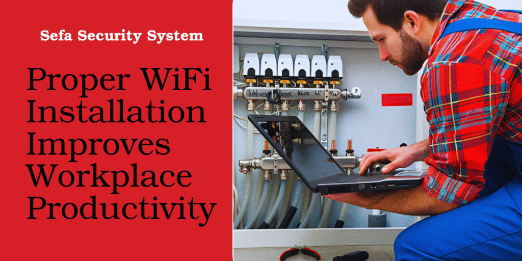 Proper WiFi Installation Improves Workplace Productivity" with technician in overalls using laptop on plumbing panel.