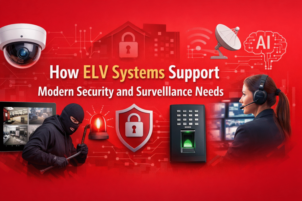 Modern ELV security systems with CCTV, alarms, access control, and AI for real-time building monitoring and protection.