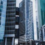 Contemporary skyscrapers showcasing modern architecture in a bustling city.