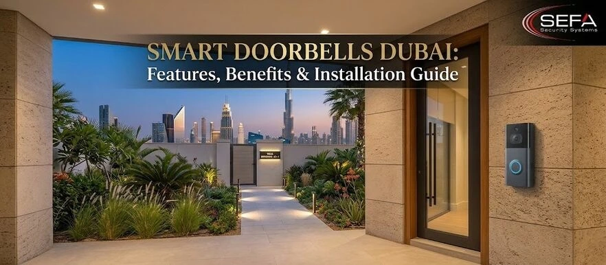 SEFA Security Systems blog banner for 'Smart Doorbells Dubai: Features, Benefits & Installation Guide', featuring a modern video doorbell mounted at a Dubai villa entrance with a garden path and skyline view